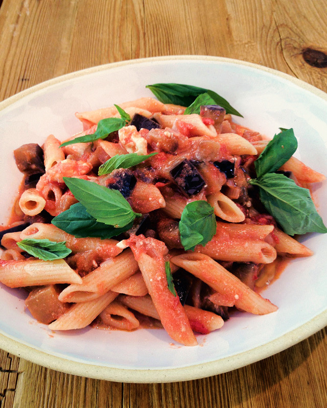 Penne With Aubergine, Tomato, Chilli and Feta