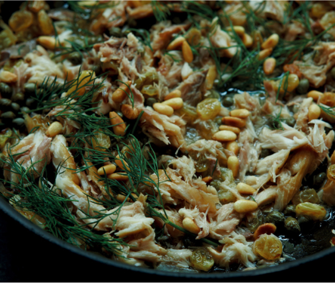 Pasta With Mackerel, Marsala and Pine Nuts