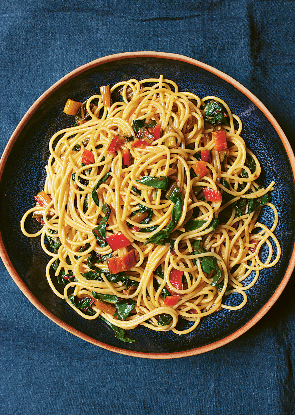 image of Spaghetti With Chard, Chilli and Anchovies recipe by Nigella
