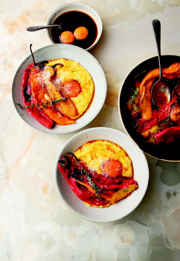 Image of Charred peppers and fresh corn polenta with soy-cured yolk