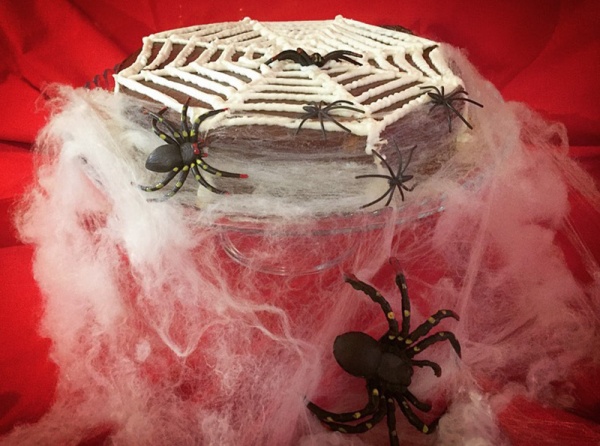 Chocolate cake with a handmade spider web