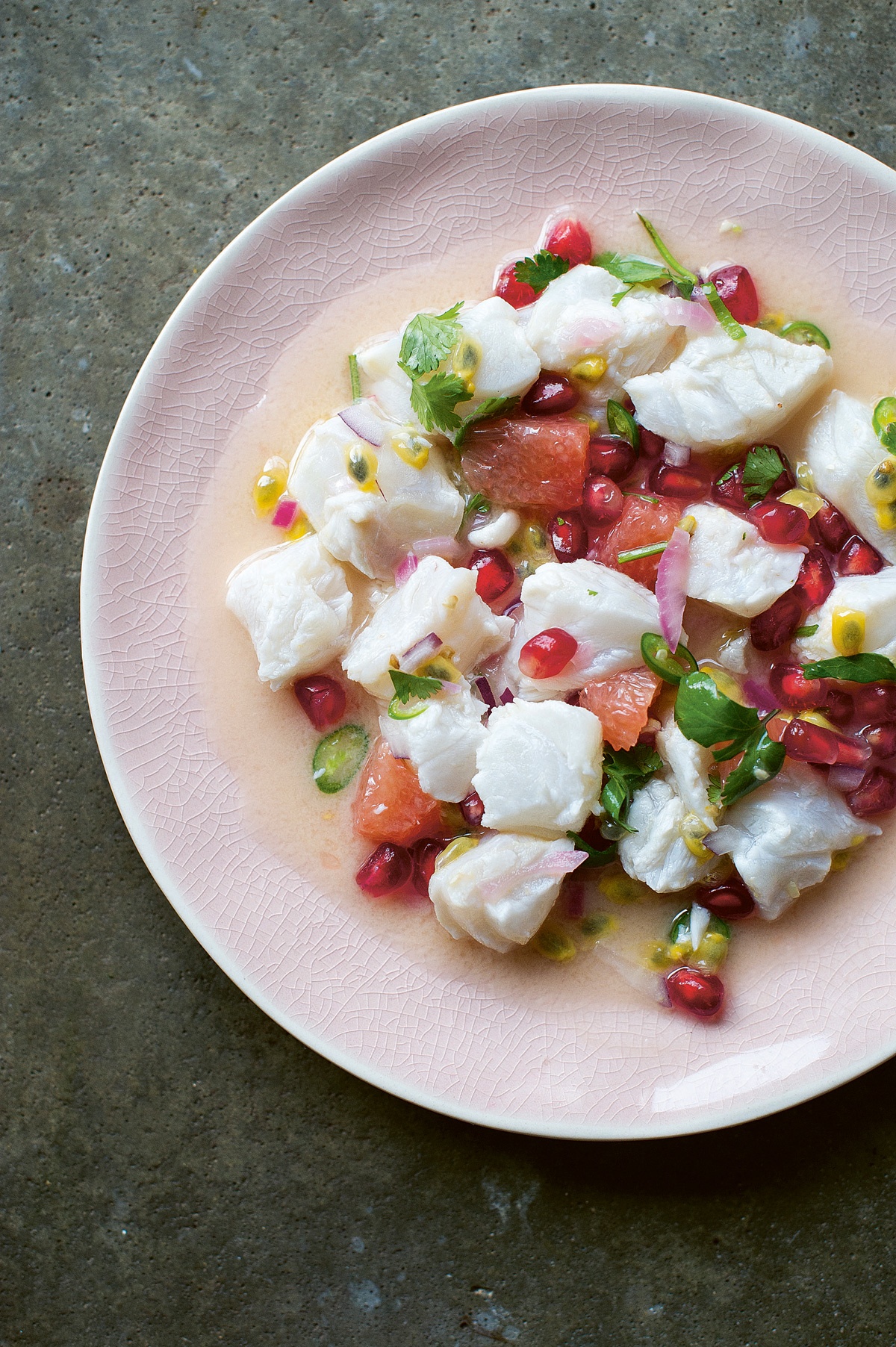 Image of Mark Diacono's Passion Fruit, Grapefruit and Pomegranate Ceviche