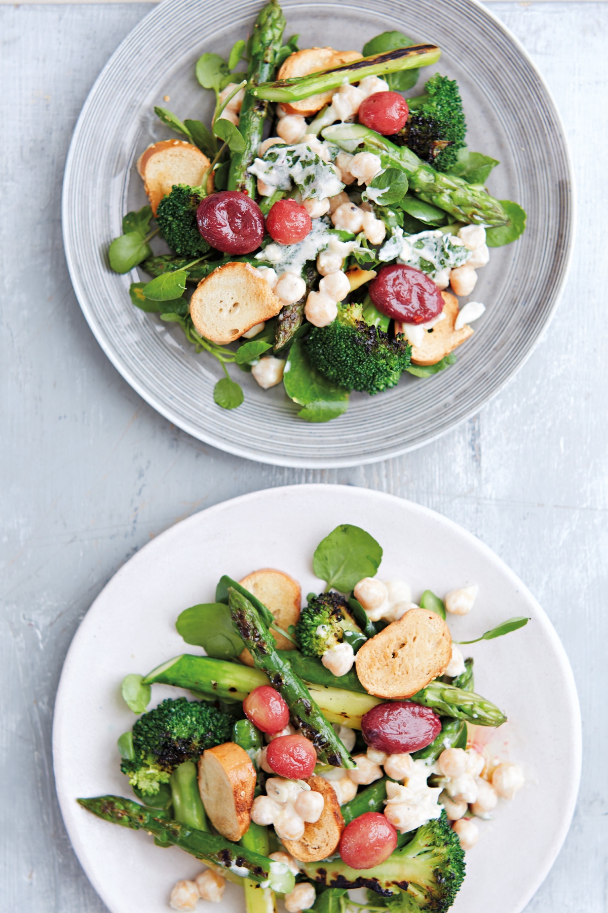 Photo of Chickpeas, Grilled Broccoli and Asparagus With Popped Chilli Grapes and Bagel Croutons