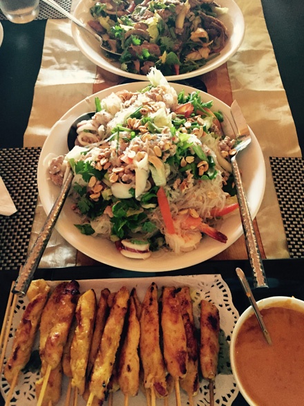 Chicken Satay, Mango Salad, and Beef Salad