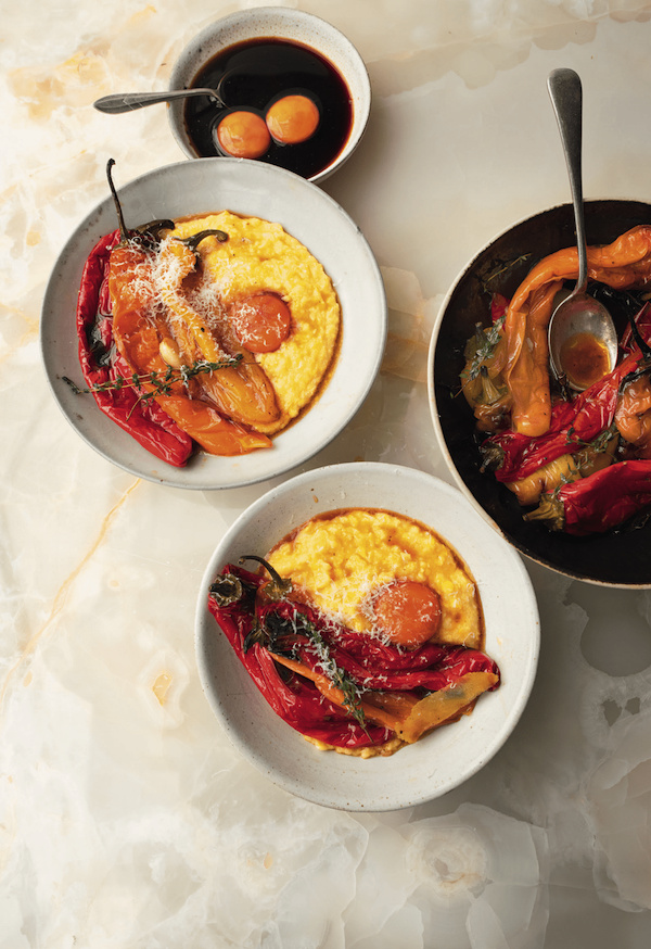 Image of Charred peppers and fresh corn polenta with soy-cured yolk