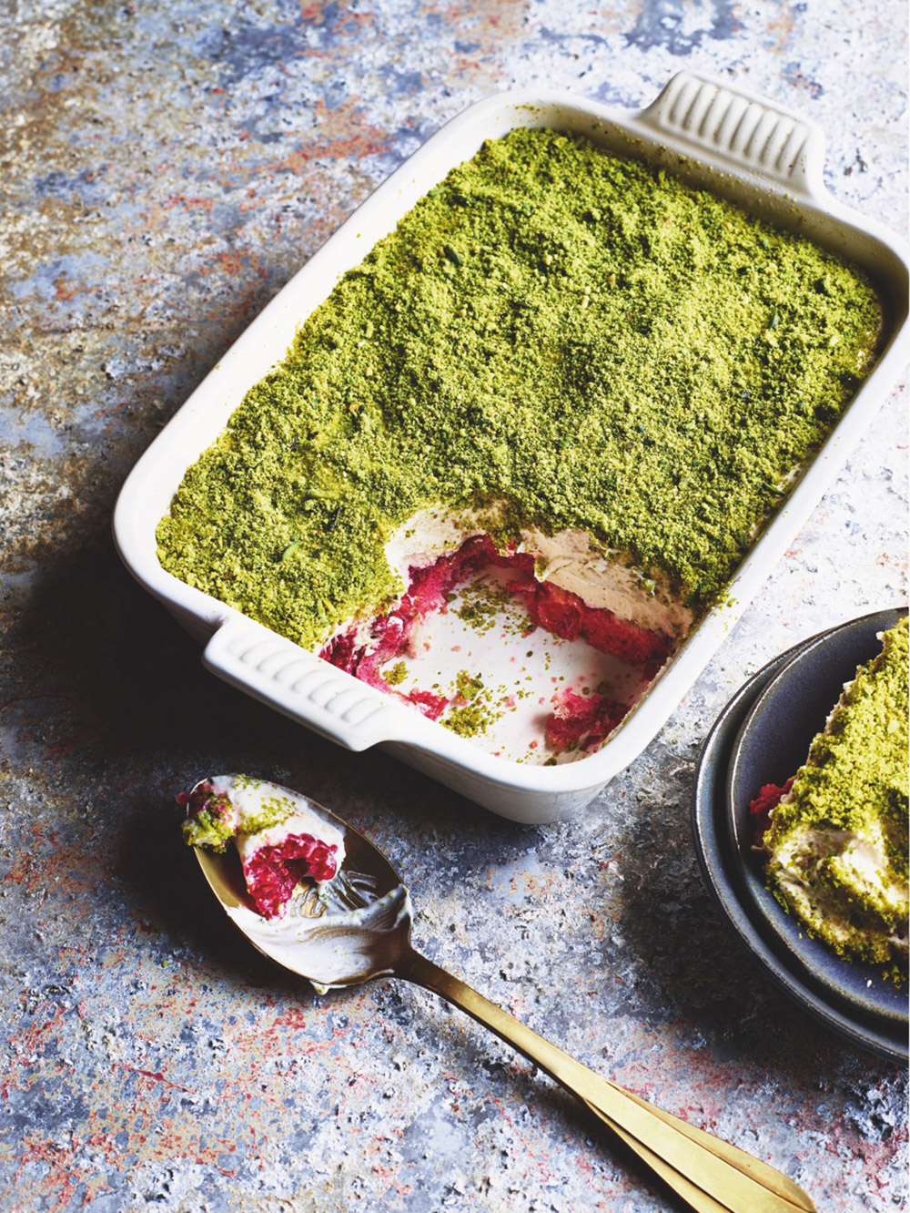 Image of Sabrina Ghayour's White chocolate raspberry & pistachio tiramisu