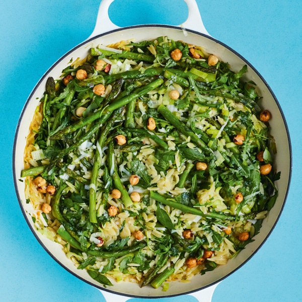 Image of Rukmini Iyer's Quick Cook Leek Orzotto with Asparagus, Hazelnuts and Rocket