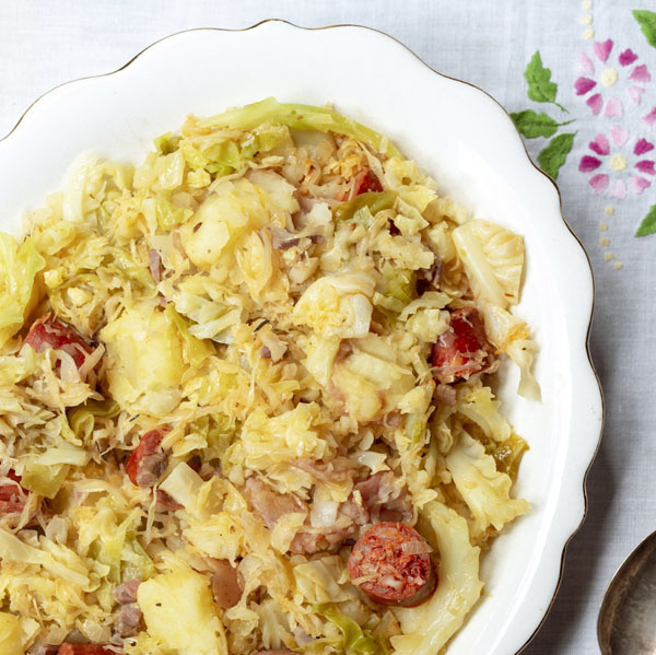 Image of Paola Bacchia's Pan-Cooked Cabbage with Potatoes, Speck and Sausage