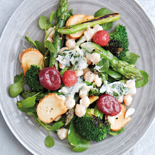 Photo of Chickpeas, Grilled Broccoli and Asparagus With Popped Chilli Grapes and Bagel Croutons