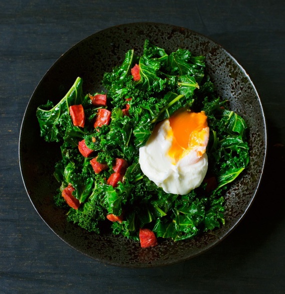 Image of Nigella's Kale with Chorizo and Poached Egg
