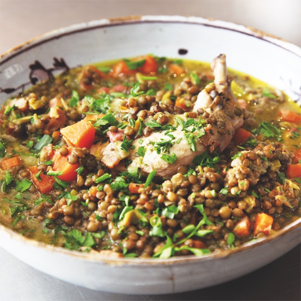 Image of Nigella's Poached Chicken with Lardons and Lentils