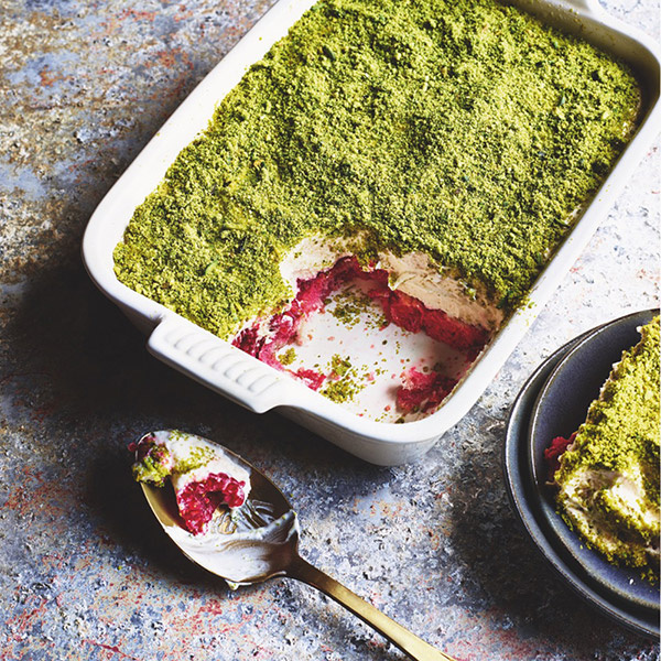 Image of Sabrina Ghayour's White chocolate raspberry & pistachio tiramisu