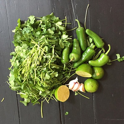 Coriander, jalapeños, garlic, limes, oil and salt