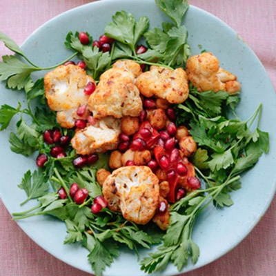 Warm Spiced Cauliflower and Chickpea Salad With Pomegranate Seeds