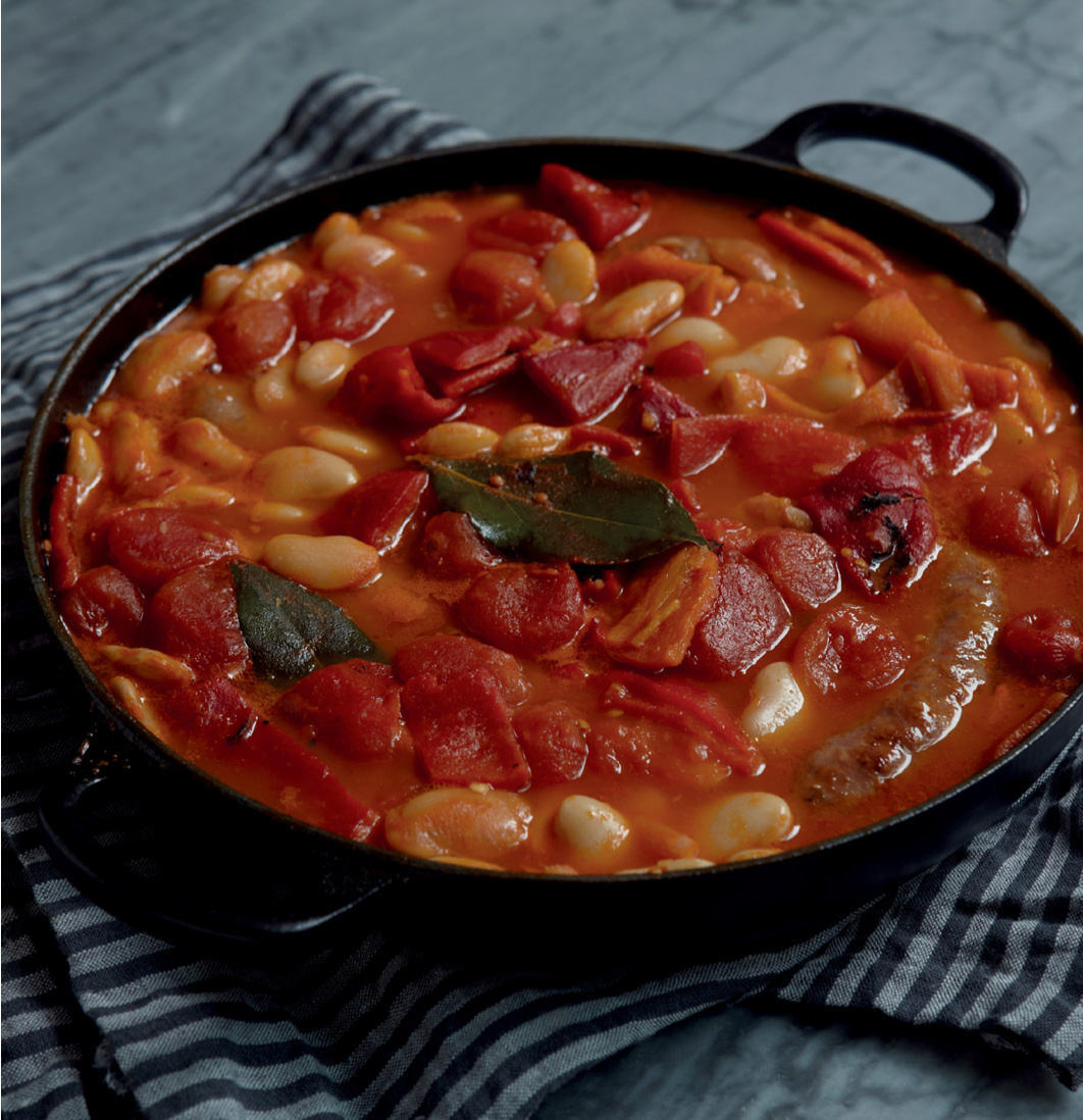 Image of Nigella's Sausages with Beans and Peppers