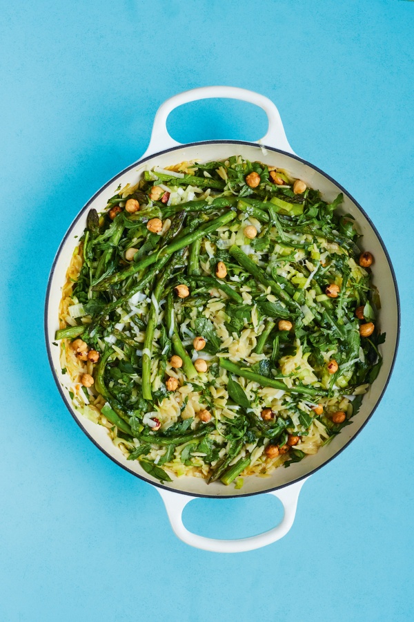 Image of Rukmini Iyer's Quick Cook Leek Orzotto with Asparagus, Hazelnuts and Rocket