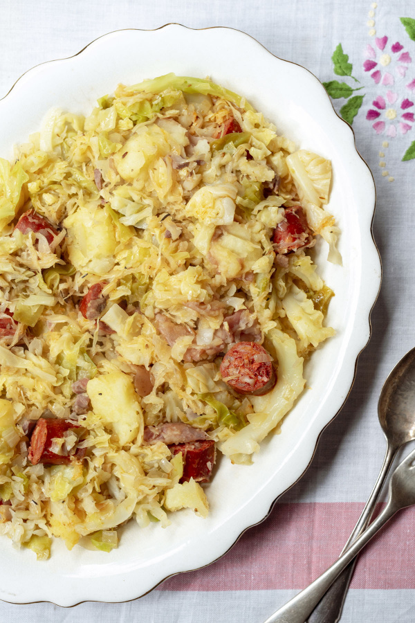 Image of Paola Bacchia's Pan-Cooked Cabbage with Potatoes, Speck and Sausage