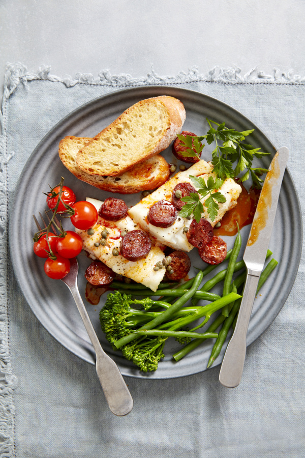 SPANISH CHORIZO ROAST COD WITH  CAPERS AND TOMATOES