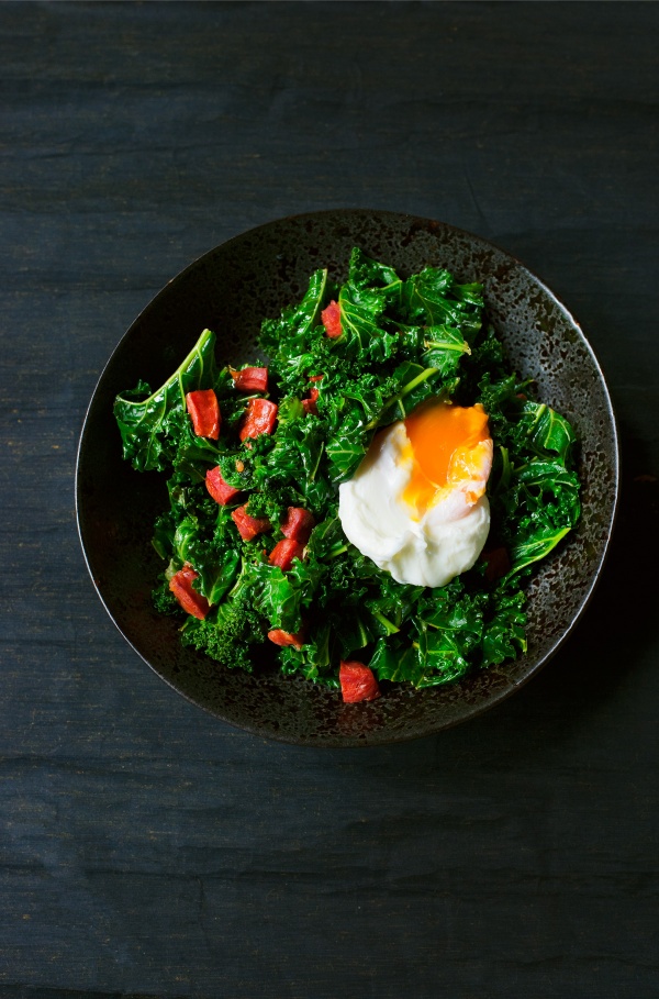 Image of Nigella's Kale with Chorizo and Poached Egg