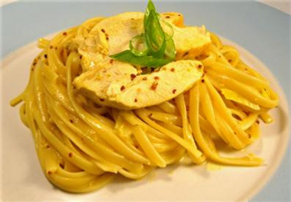 Pasta With Chicken in Mustard Turmeric Sauce