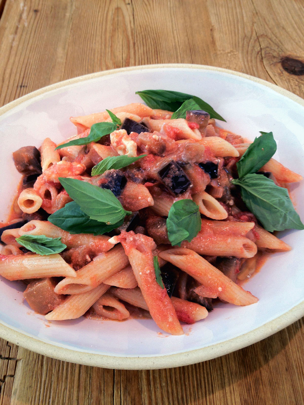 Penne With Aubergine, Tomato, Chilli and Feta