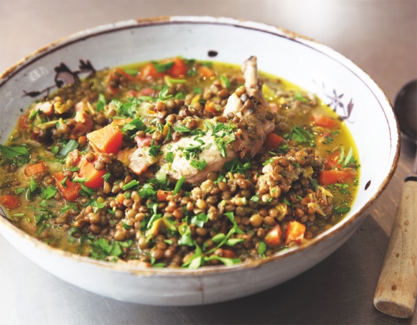 Image of Nigella's Poached Chicken with Lardons and Lentils